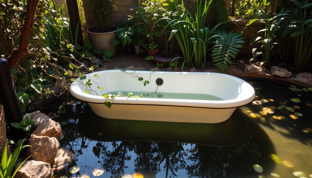 A tranquil garden oasis featuring a repurposed vintage bathtub as the centerpiece of a serene natural pond. The tub sits nestled among lush greenery, with trailing vines and aquatic plants spilling over the edges, creating a harmonious blend of rustic and organic elements. Soft sunlight filters through the surrounding foliage, casting a warm, inviting glow upon the still, reflective surface of the pond. The overall composition evokes a sense of peaceful relaxation, inviting the viewer to imagine themselves unwinding in this enchanting outdoor sanctuary.