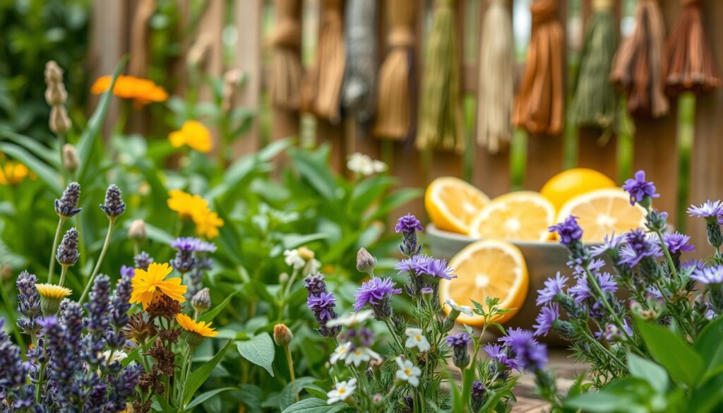 A tranquil garden scene with a variety of natural elements that are known to repel wasps. In the foreground, a collection of fragrant herbs and flowers such as lavender, lemongrass, and citronella, their vibrant colors and textures contrasting against a soft, natural backdrop. In the middle ground, a bowl filled with sliced citrus fruits, their sharp aroma wafting through the air. In the background, a wooden fence or trellis, adorned with hanging bunches of dried herbs and spices. The lighting is soft and diffused, creating a calming, inviting atmosphere. The overall composition emphasizes the harmony between nature's effective, chemical-free pest control methods.