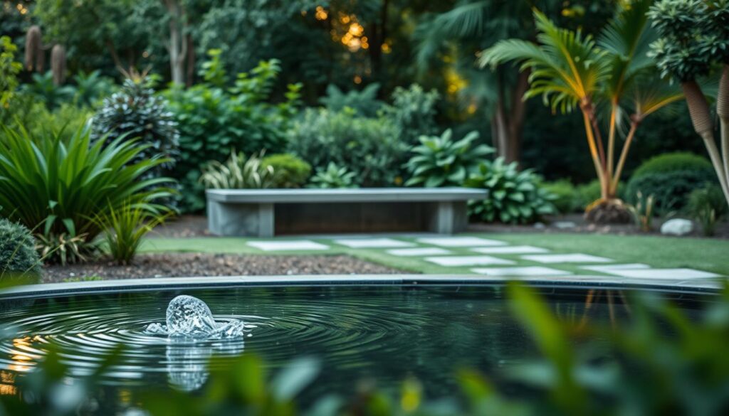 A tranquil garden scene with a well-designed small architecture piece as the focal point. In the foreground, a modern, minimalist water feature gently bubbles, its surface reflecting the surrounding greenery. Midground showcases a curved stone bench or low wall, seamlessly integrated into the landscape. In the background, lush, verdant plants and trees create a serene, nature-inspired backdrop. Soft, diffused lighting casts a warm, golden glow, enhancing the natural textures and creating a sense of timeless elegance. The overall composition emphasizes the harmonious integration of manmade and natural elements, evoking a calming, functional, and aesthetically pleasing outdoor space.