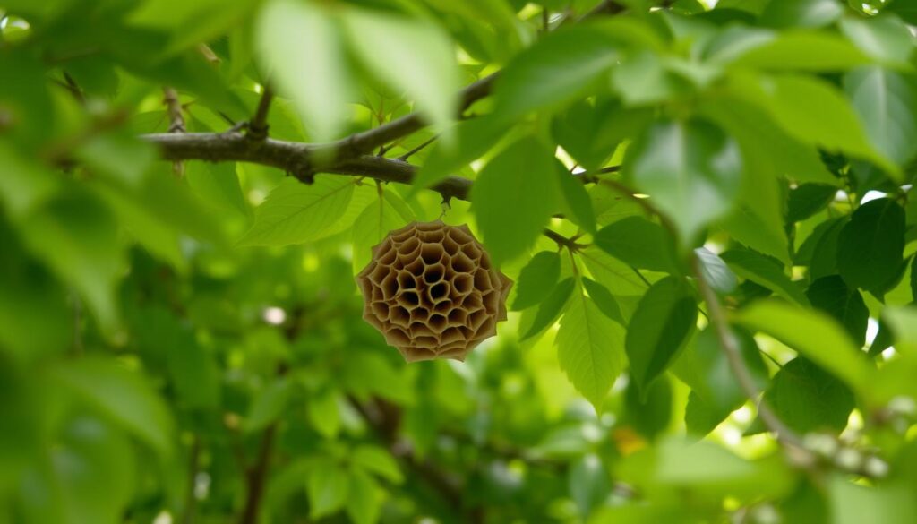 A tranquil garden scene, with the focus on a wasp nest nestled discreetly in the branch of a lush, verdant tree. The nest is made of intricate, papery hexagonal cells, sheltered under a canopy of vibrant green leaves. The lighting is soft and diffused, creating a serene, natural atmosphere. The camera angle is slightly elevated, allowing for a clear view of the nest's location and size, without being too close or imposing. The overall mood is one of quiet observation, inviting the viewer to carefully inspect and identify the features of a typical wasp nest found in a backyard or garden setting.