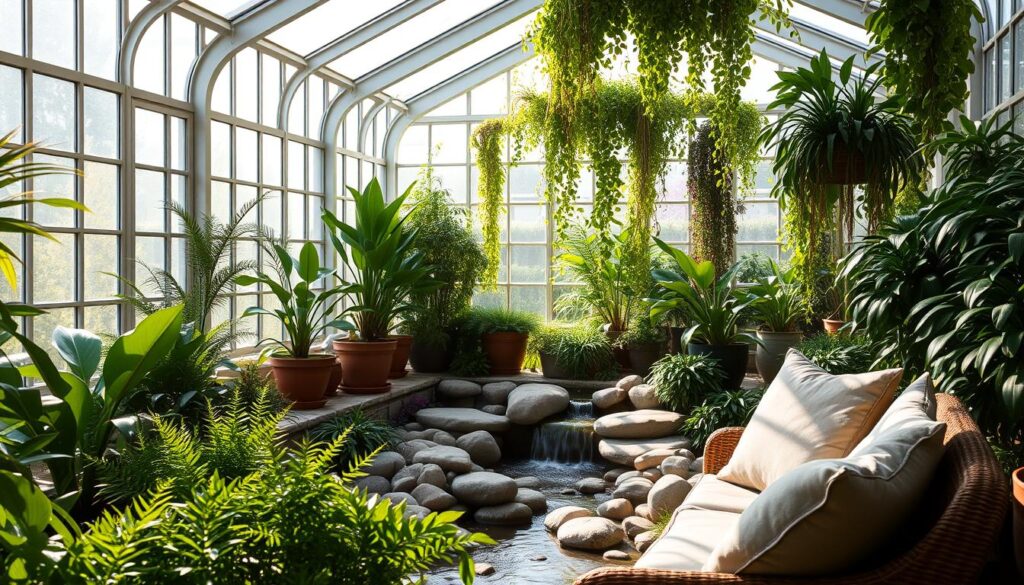 A tranquil greenhouse oasis, bathed in soft natural light filtering through the glass panels. In the foreground, lush greenery and a cozy seating area with plush cushions, inviting visitors to relax and unwind. Towards the middle, a small water feature with a gentle, soothing stream cascading over smooth rocks. In the background, a mix of thriving potted plants and hanging vines, creating a serene, verdant atmosphere. The overall mood is one of calm and rejuvenation, a space where one can escape the hustle and bustle of the outside world.