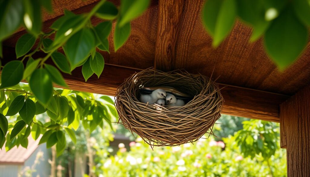 A tranquil outdoor scene with a bird's nest nestled safely under the eaves of a rustic wooden roof. The nest is constructed with intricate woven twigs and lined with soft, downy feathers. A mother bird carefully tends to her hatchlings, shielding them with her wings. Dappled sunlight filters through the overhanging leaves, casting a warm, gentle glow on the scene. In the middle ground, lush greenery and flowers create a serene, natural backdrop. The overall mood is one of peaceful coexistence and the importance of protecting vulnerable bird habitats. Captured with a wide-angle lens and natural, soft lighting to emphasize the delicate beauty of the nest and its inhabitants.