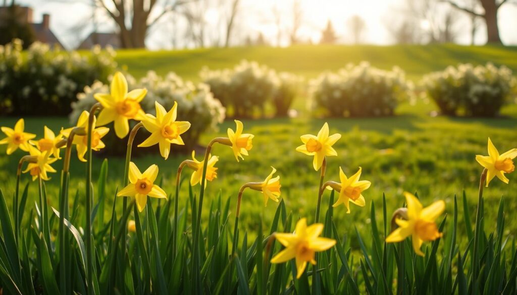 A verdant garden scene in early spring, the golden petals of daffodils (Narcissus) gently swaying in the soft breeze. The flowers are evenly spaced, their slender stems and upright posture suggesting the ideal planting time and depth. Warm, diffused sunlight filters through wispy clouds, casting a gentle glow on the blooms. In the background, a lush lawn and a row of flowering shrubs provide a natural, picturesque setting. The overall composition conveys the perfect timing for sowing daffodil bulbs, guiding the viewer to the ideal planting season.