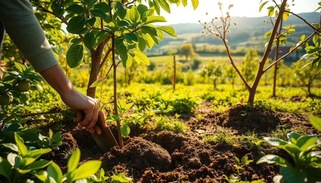 A verdant garden scene unfolds, the sun's golden rays filtering through lush foliage. In the foreground, a person methodically digs a hole, preparing the soil for the planting of a young fruit tree. Carefully, they lower the sapling into the earth, its delicate branches reaching skyward. In the middle ground, additional fruit trees dot the landscape, their trunks sturdy and their canopies bursting with budding blossoms. In the background, a picturesque rural setting with rolling hills and a distant farmhouse completes the idyllic tableau. The atmosphere is one of tranquility and nurturing, as the gardener tends to the new growth with a gentle hand, ensuring the fruit trees will thrive in their carefully curated environment.