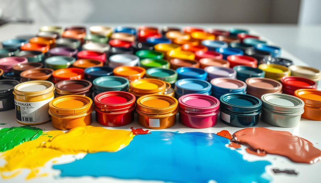 A vibrant array of acrylic paints in a variety of colors, textures, and finishes. Neatly organized on a clean, well-lit surface, the paints are presented as the focal point. The lighting is soft and diffused, creating a warm, inviting atmosphere. The composition is balanced, with the paints positioned to showcase their unique qualities. The background is slightly blurred, allowing the viewer to focus on the intricacies and versatility of the acrylic paint selection. This image captures the essence of the "Rodzaje farb dachowych: co wybrać do pokrycia dachowego" section, highlighting the diverse options available for roof coatings.