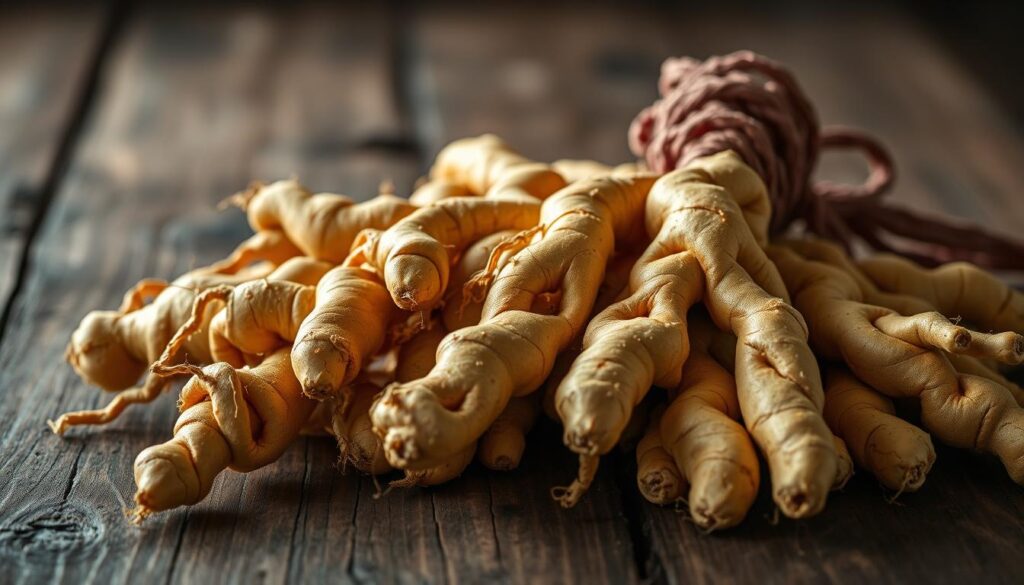 A vibrant, close-up shot of freshly harvested ginger rhizomes (kłącza imbiru) laid out on a rustic wooden surface. The knotted, segmented roots have a warm, earthy hue and a textured, gnarled appearance, exuding a sense of vitality and natural growth. Soft, diffused lighting from the side casts gentle shadows, highlighting the intricate patterns and contours of the kłącza. The background is softly blurred, keeping the focus on the detailed foreground elements. An atmospheric, contemplative mood pervades the scene, inviting the viewer to appreciate the natural beauty and potential of these hardy, versatile root systems. A vibrant, close-up shot of freshly harvested ginger rhizomes (kłącza imbiru) laid out on a rustic wooden surface. The knotted, segmented roots have a warm, earthy hue and a textured, gnarled appearance, exuding a sense of vitality and natural growth. Soft, diffused lighting from the side casts gentle shadows, highlighting the intricate patterns and contours of the kłącza. The background is softly blurred, keeping the focus on the detailed foreground elements. An atmospheric, contemplative mood pervades the scene, inviting the viewer to appreciate the natural beauty and potential of these hardy, versatile root systems.