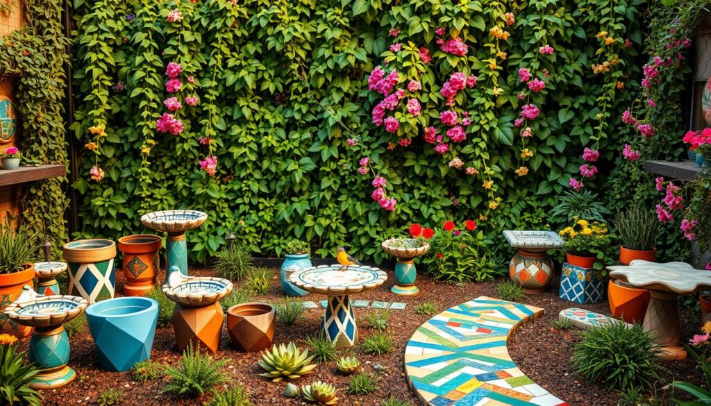 A vibrant garden oasis adorned with whimsical tile creations. In the foreground, an array of colorful, geometric tile pieces arranged into charming planters, bird baths, and mosaic pathways. The middle ground features a lush, verdant backdrop of flourishing greenery, with trailing vines and cascading flowers spilling over the tile features. Warm, soft lighting bathes the scene, casting a gentle glow and accentuating the unique textures and patterns of the tile elements. The overall atmosphere is one of creativity, tranquility, and a harmonious blend of nature and human-crafted design. A vibrant garden oasis adorned with whimsical tile creations. In the foreground, an array of colorful, geometric tile pieces arranged into charming planters, bird baths, and mosaic pathways. The middle ground features a lush, verdant backdrop of flourishing greenery, with trailing vines and cascading flowers spilling over the tile features. Warm, soft lighting bathes the scene, casting a gentle glow and accentuating the unique textures and patterns of the tile elements. The overall atmosphere is one of creativity, tranquility, and a harmonious blend of nature and human-crafted design.