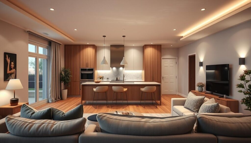 A well-lit and harmonious living room with an integrated kitchen, showcasing a layered lighting scheme. Soft ambient illumination from recessed ceiling lights bathes the space in a warm, inviting glow. Minimalist pendant lamps over the kitchen island provide focused task lighting, while discreet wall sconces add subtle accents. The mood is cozy yet elegant, with natural wood tones, muted hues, and plush textiles creating a cohesive, sophisticated ambiance. Attention to detail, from the clean-lined furniture to the balanced interplay of light and shadow, elevates the entire scene. A well-lit and harmonious living room with an integrated kitchen, showcasing a layered lighting scheme. Soft ambient illumination from recessed ceiling lights bathes the space in a warm, inviting glow. Minimalist pendant lamps over the kitchen island provide focused task lighting, while discreet wall sconces add subtle accents. The mood is cozy yet elegant, with natural wood tones, muted hues, and plush textiles creating a cohesive, sophisticated ambiance. Attention to detail, from the clean-lined furniture to the balanced interplay of light and shadow, elevates the entire scene.