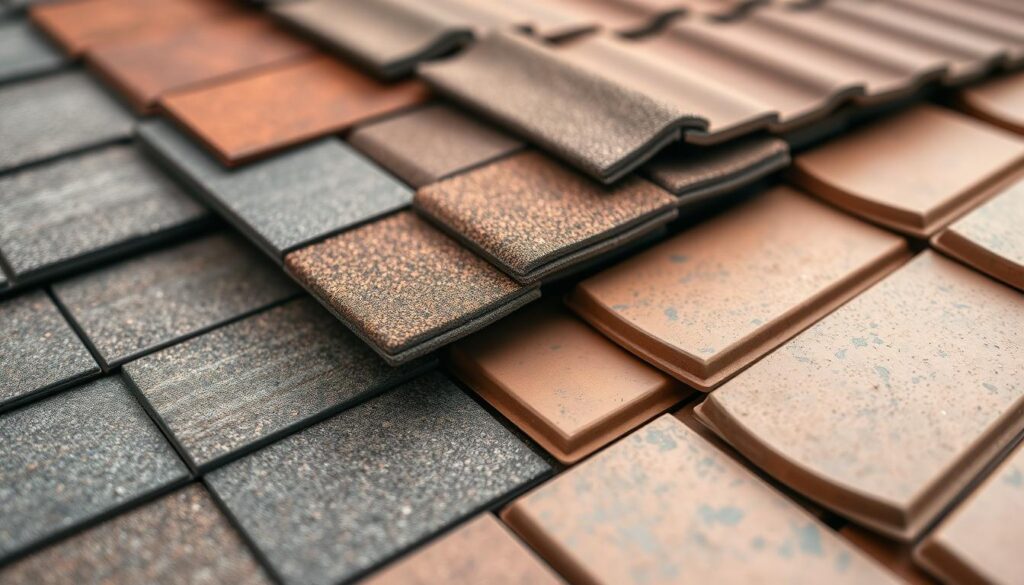 A well-lit, close-up photograph of a variety of roofing materials commonly used for a single-slope roof, including asphalt shingles, metal panels, and ceramic tiles. The materials are displayed in an organized, visually appealing arrangement, showcasing their textures, colors, and installation methods. The image has a clean, professional look with a slight depth of field to emphasize the details. The lighting is soft and natural, creating a warm, inviting atmosphere that complements the rustic yet modern aesthetic of the roofing materials.
