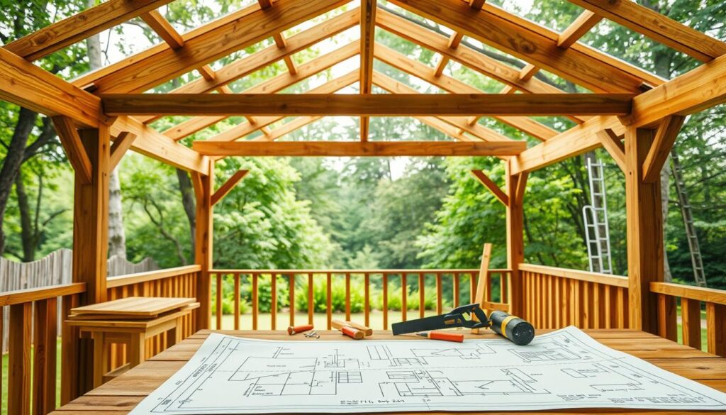 A well-lit, detailed illustration of a roof planning for a wooden gazebo or pergola. The foreground shows a blueprint or technical diagram of the roof structure, with measurements, angles, and construction details. In the middle ground, a carpenter's workbench displays tools and materials needed for the project, such as wood planks, nails, and a saw. The background depicts a tranquil outdoor setting, with a lush green garden or forest landscape visible through the open gazebo frame. The overall scene conveys a sense of careful planning, craftsmanship, and connection to nature, befitting the "Planowanie projektu i przygotowanie miejsca pracy" section of the article.