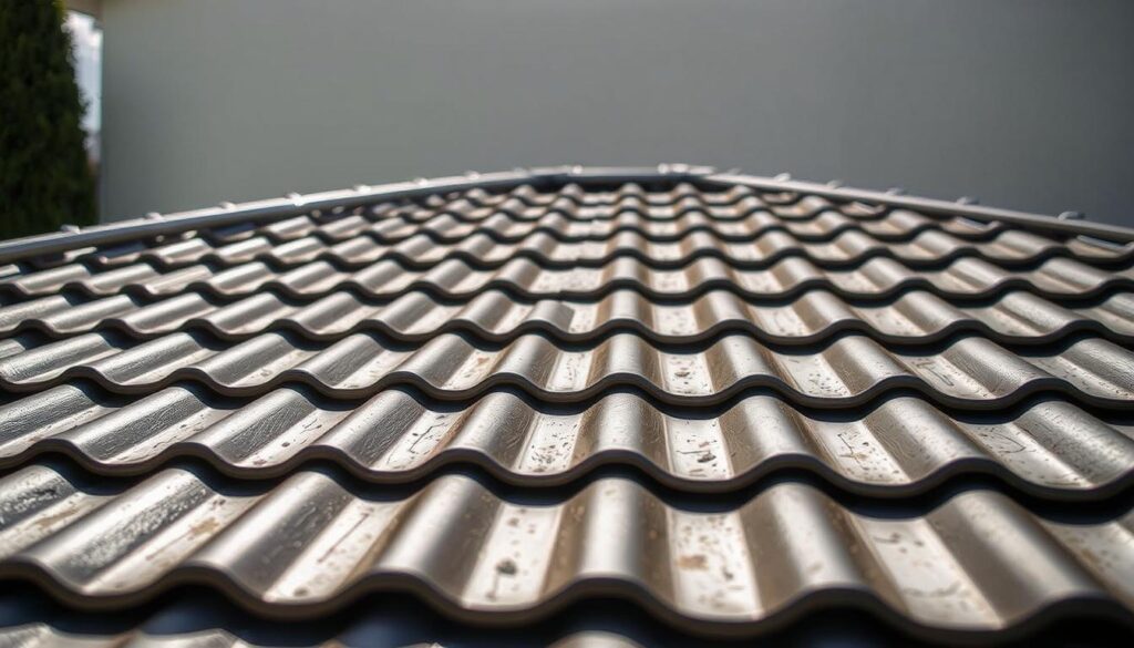 A well-lit, detailed image of a trapezoidal metal roofing sheet, showcasing its distinct profile and textured surface. The sheet should be positioned in the foreground, capturing the intricate patterns and overlapping edges that characterize trapezoidal roofing. In the middle ground, include a section of a residential garage roof, allowing the viewer to envision how the trapezoidal metal sheet would be integrated into the overall roofing system. The background should feature a neutral, clean setting that highlights the functional and architectural qualities of the roofing material. Ensure that the lighting is natural and directional, casting subtle shadows that accentuate the dimensional aspects of the trapezoidal sheet. The overall tone should convey a sense of practicality, durability, and aesthetic appeal, reflecting the suitability of this roofing solution for a garage application.