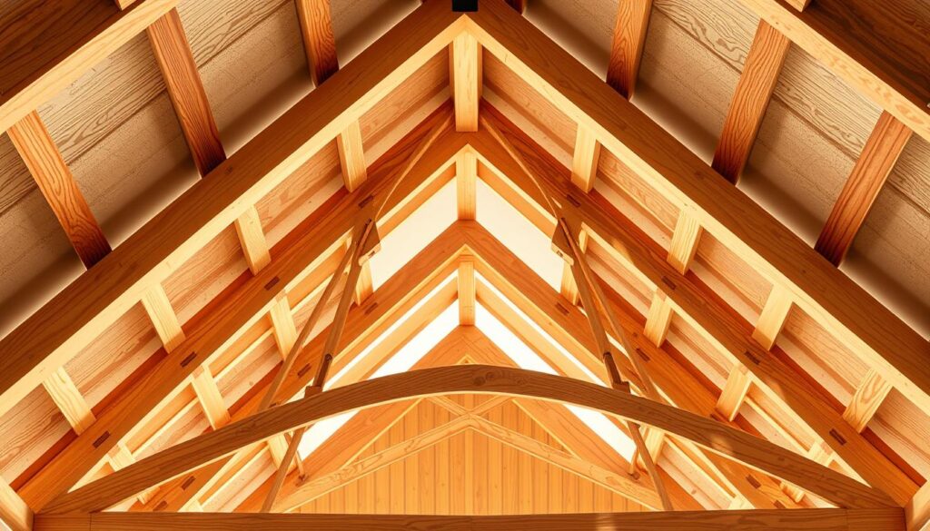 A well-lit, high-resolution architectural diagram showcasing the intricate truss system of a traditional wooden roof frame. The foreground prominently features the load-bearing beams, rafters, and struts that form the structural backbone of the roof, meticulously rendered in warm, natural wood tones. The middle ground reveals the complex web of diagonal bracing and tension rods that reinforce the frame, creating a sense of sturdy, engineered elegance. In the background, the roof outline is visible, hinting at the larger context of the building's design. The scene is bathed in soft, diffused lighting, highlighting the textures and shadows that bring this essential carpentry work to life. The overall mood is one of functional sophistication, inviting the viewer to appreciate the skilled craftsmanship behind the "heart" of the roof construction. A well-lit, high-resolution architectural diagram showcasing the intricate truss system of a traditional wooden roof frame. The foreground prominently features the load-bearing beams, rafters, and struts that form the structural backbone of the roof, meticulously rendered in warm, natural wood tones. The middle ground reveals the complex web of diagonal bracing and tension rods that reinforce the frame, creating a sense of sturdy, engineered elegance. In the background, the roof outline is visible, hinting at the larger context of the building's design. The scene is bathed in soft, diffused lighting, highlighting the textures and shadows that bring this essential carpentry work to life. The overall mood is one of functional sophistication, inviting the viewer to appreciate the skilled craftsmanship behind the "heart" of the roof construction.