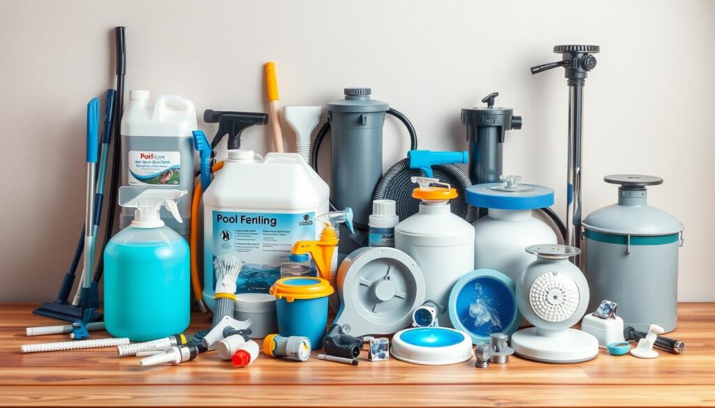 A well-lit, high-resolution image of an assortment of swimming pool accessories and equipment, including pool cleaning tools, chemical treatment supplies, water filtration systems, and decorative elements like lights and fountains. The items are neatly arranged on a wooden surface, with a neutral background that allows the products to stand out. The lighting is soft and diffused, creating a sense of quality and refinement. The overall composition is balanced and visually appealing, showcasing the diverse range of accessories that can contribute to the overall cost of building and maintaining a backyard swimming pool.
