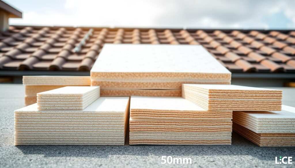 A well-lit, high-resolution image showcasing a collection of popular PIR (polyisocyanurate) insulation boards in various thicknesses. The boards are arranged in a visually appealing layout, highlighting their distinctive colors and textures. The foreground features a selection of commonly used thicknesses, such as 30mm, 50mm, and 80mm, positioned prominently to showcase their applications. The middle ground includes additional sizes, creating a diverse and informative display. The background subtly suggests a roofing or construction setting, providing context without distracting from the main subject. The overall composition is clean, balanced, and designed to effectively illustrate the range of popular PIR board thicknesses and their suitability for different projects.