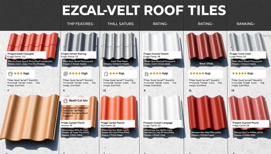 A well-lit, high-resolution photograph of a ranking of various trapezoidal metal roof tiles, displayed in a professional, informative manner. The tiles are arranged in a grid, with each tile clearly visible and labeled with its name, key features, and a rating. The tiles are shown in natural lighting, with a soft, even illumination that accentuates their textures and colors. The background is a clean, neutral surface that allows the tiles to be the focal point. The overall composition is balanced, with a sense of order and attention to detail that conveys the authority and expertise of the subject matter.