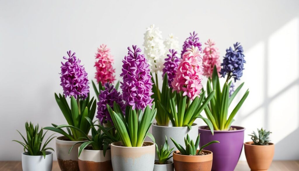 A well-lit indoor scene showcasing a collection of vibrant hyacinth plants potted in various ceramic containers. The hyacinths display their stunning purple, pink, and white blooms against a minimalist background, emphasizing their natural beauty. Soft, directional lighting casts gentle shadows, accentuating the delicate petals and lush foliage. The composition features a range of pot sizes and shapes, arranged in a visually pleasing manner to create a harmonious and inviting display. The overall atmosphere is one of elegance and tranquility, capturing the essence of growing hyacinths as indoor houseplants.