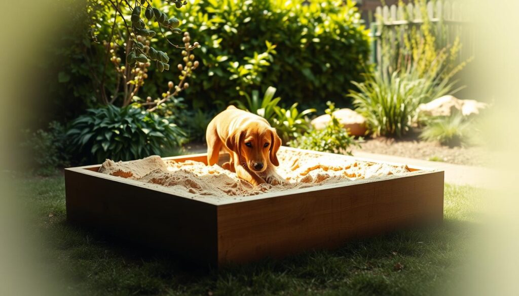 A well-lit, inviting outdoor scene depicting a dedicated dog-friendly sandbox or "psia piaskownica" as the focal point. The sandbox is situated in a lush, verdant garden with vibrant greenery and natural textures in the background. The sandbox is filled with soft, golden sand, inviting the dog to dig and play freely. The lighting is soft and diffused, creating a calming, relaxing atmosphere. The camera angle is positioned slightly elevated, offering a clear, unobstructed view of the sandbox and its surrounding environment. The overall composition conveys a sense of harmony, encouraging the dog to engage in this designated digging area rather than the rest of the garden.