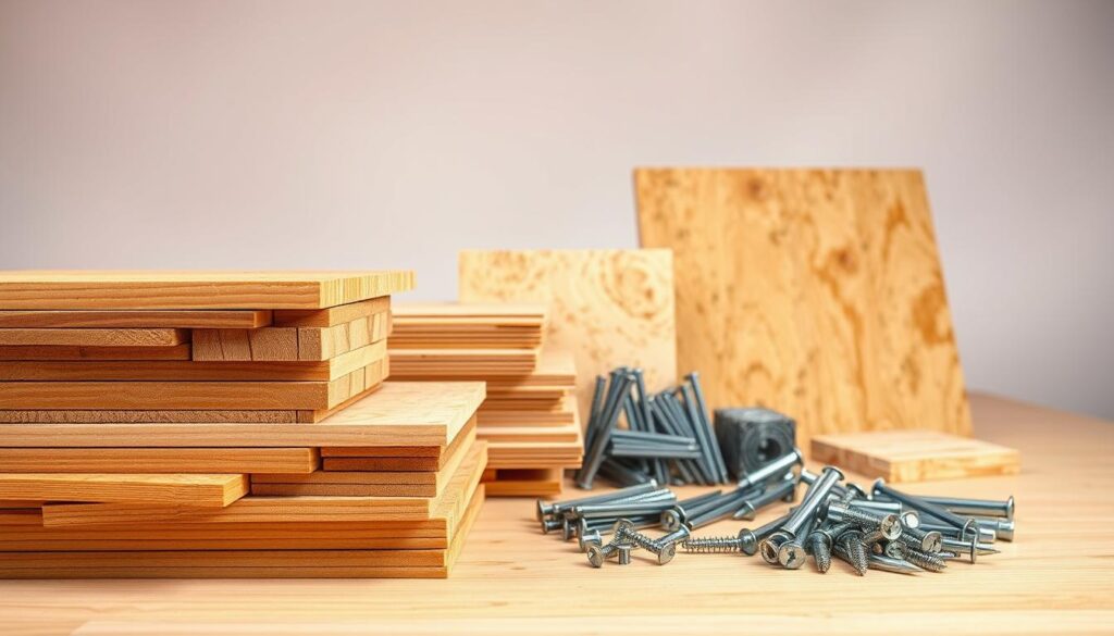 A well-lit studio scene showcasing an assortment of common roofing materials. In the foreground, a stack of wooden boards in various lengths and thicknesses, their grain patterns and knots clearly visible. Beside them, several sheets of OSB (oriented strand board) and plywood panels, their surfaces smooth and uniform. In the middle ground, a selection of metal roofing nails, screws, and staples, arranged neatly. The background features a softly blurred backdrop, creating a sense of depth and focus on the central materials. The lighting is warm and directional, casting subtle shadows and highlights to accentuate the textures and shapes of the construction supplies. An overall clean, professional aesthetic that effectively illustrates the "Materiały deskowania" section of the article.