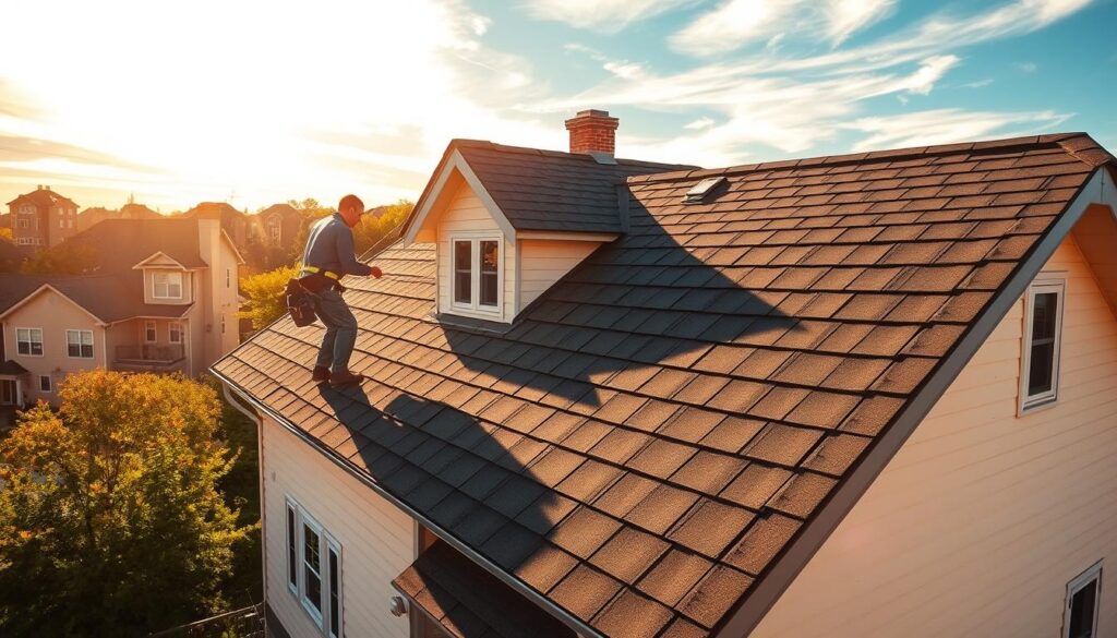 A well-maintained roof atop a cozy two-story house, bathed in warm afternoon sunlight filtering through wispy clouds. In the foreground, a skilled roofer inspects the shingles, methodically repairing any minor damage with expertise honed over years of dedicated service. The middle ground reveals the intricate details of the roof's structure, showcasing the importance of regular upkeep to ensure long-lasting durability. In the background, a peaceful suburban neighborhood sets the stage, underscoring the significance of this essential home maintenance task. The scene conveys a sense of diligence, care, and a commitment to preserving the integrity of the dwelling for years to come.