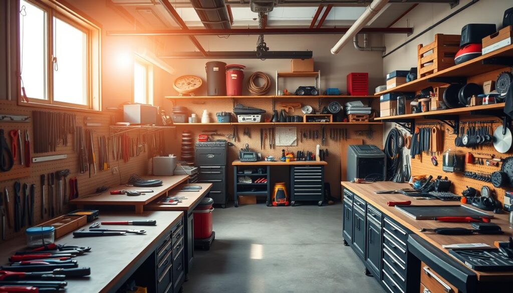 A well-organized and efficiently planned garage workshop, bathed in warm, natural lighting that filters through large windows. In the foreground, an array of neatly arranged tools and workbenches, their surfaces cleared for focused tasks. The middle ground features custom storage solutions, pegboards, and shelving units, all meticulously organized to maximize space and accessibility. In the background, a combination of task-specific zones, such as a designated welding or painting area, creates a harmonious and functional layout. The overall atmosphere conveys a sense of productivity, order, and the passion of a skilled craftsman, ready to tackle any project with precision and care.