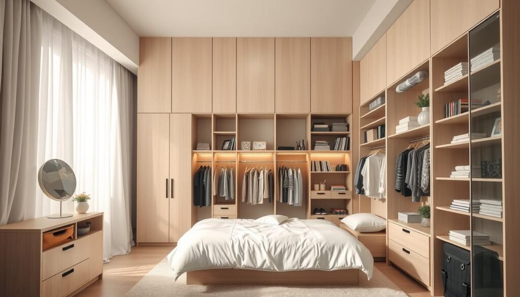 A well-organized teenage bedroom with sleek modular storage units reaching up to the ceiling, creating a sense of maximized space and minimalist style. Soft lighting filters through sheer curtains, casting a warm glow over the clean-lined furniture. The room is filled with a harmonious blend of soft pastels and natural wood tones, exuding a calming, contemporary vibe. Strategically placed shelves, cabinets, and drawers provide ample storage for clothes, books, and personal items, allowing the room to stay clutter-free and visually appealing. An overall atmosphere of functionality and personal expression, tailored to the tastes of a modern adolescent.