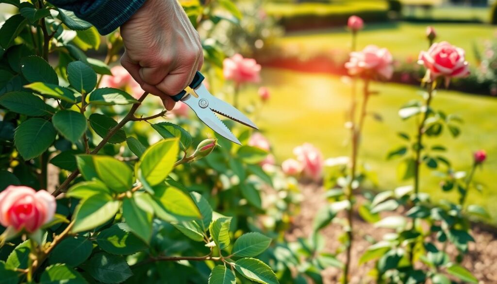 A well-tended rose garden, the sunlight filtering through the lush foliage. In the foreground, a skilled gardener carefully prunes a rose bush, nimble fingers guiding sharp secateurs to shape the plant. Vibrant green leaves and thorny stems create a dynamic composition, the focus on the precise snipping action. In the middle ground, other rose bushes stand tall, their canes awaiting the gardener's attentive care. The background features a tranquil setting, perhaps a garden path or a verdant lawn, setting the scene for this essential horticultural task. The image conveys a sense of peaceful productivity, highlighting the importance of proper rose pruning for the health and appearance of the garden.