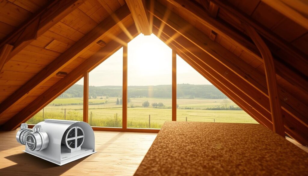 A well-ventilated attic space, the focal point of a cozy, rustic setting. Sunlight streams through the angled roof, casting a warm, natural glow on the exposed wooden beams and ventilation system. The foreground features a detailed cutaway view of the ventilation components, showcasing their intricate design and functionality. In the middle ground, the OSB panels are prominently displayed, their smooth, uniform texture contrasting with the rougher wooden elements. The background depicts a serene, pastoral landscape, hinting at the importance of proper ventilation for the long-term integrity of the roof structure. The overall composition conveys a sense of balance, functionality, and environmental harmony.