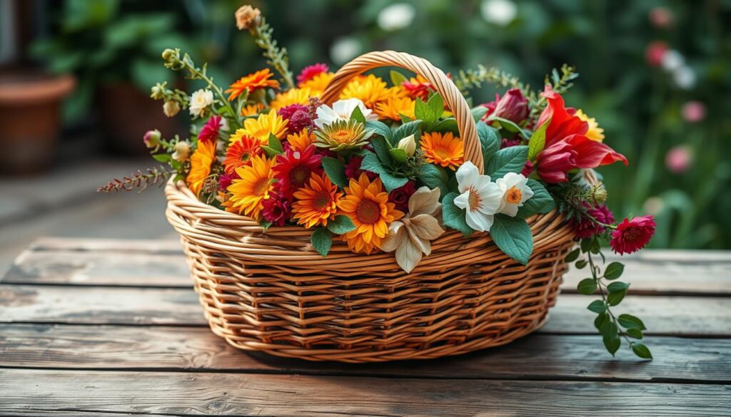 A wicker basket resting on a rustic wooden table, adorned with a vibrant assortment of seasonal blooms, lush greenery, and a few artfully placed decorative elements. The basket's woven texture and warm, natural tones create a sense of warmth and elegance, perfectly suited for a garden party or as a thoughtful gift presentation. Soft, diffused lighting illuminates the scene, casting gentle shadows and highlighting the basket's intricate details. The overall composition evokes a cozy, inviting atmosphere, seamlessly blending the rustic charm of the wicker basket with the lush, natural beauty of the surrounding garden elements.