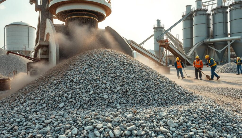 A wide, well-lit outdoor scene showcasing a massive industrial-scale cleaning process for small gravel or crushed stone. In the foreground, a powerful mechanical sieve or shaker vibrates forcefully, agitating a large pile of weathered, dirty pebbles. Clouds of dust and debris swirl around the machine. In the middle ground, multiple workers in protective gear supervise the operation, shoveling and raking the gravel to ensure thorough cleansing. The background depicts a spacious open-air workspace, with towering storage silos, conveyor belts, and other specialized equipment required for high-volume gravel processing and purification. The overall atmosphere conveys efficiency, productivity, and the scale required for mass-cleaning small landscaping aggregates.