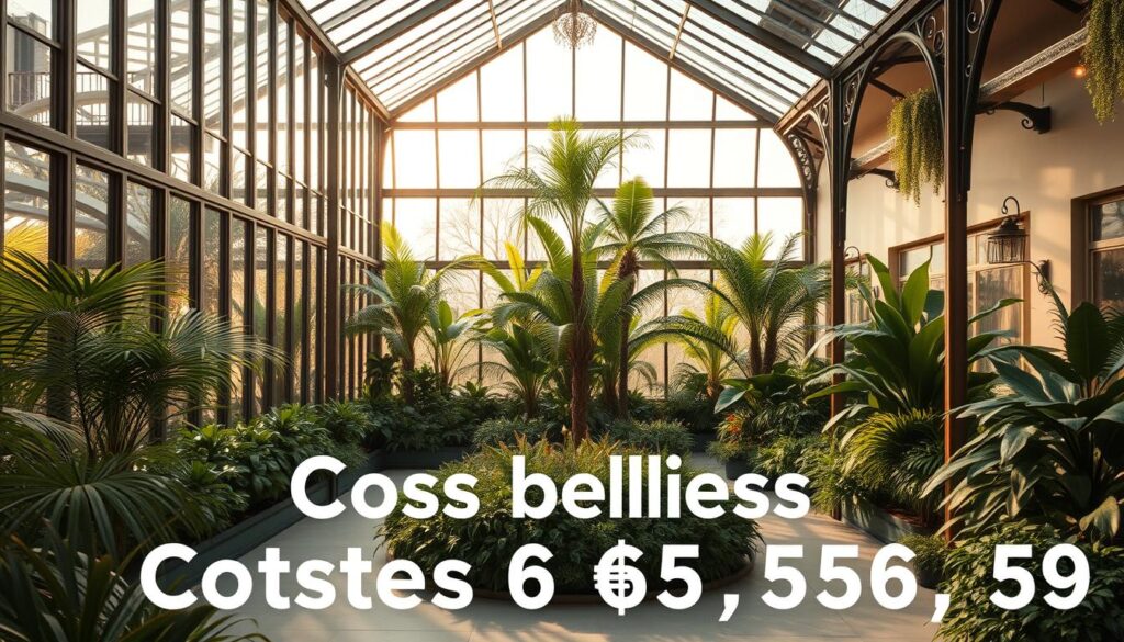 A winter garden with a detailed cost breakdown, showcasing its intricate elements. A large glass atrium dominates the foreground, bathed in warm, natural light filtering through the panes. The middle ground features an array of lush, verdant plants and foliage, meticulously arranged to create a serene, indoor oasis. In the background, subtle architectural details, such as elegant support beams and intricate metalwork, add visual interest and highlight the craftsmanship involved. The overall scene conveys a sense of tranquility and sophisticated design, reflecting the careful planning and investment required to create this luxurious living space.