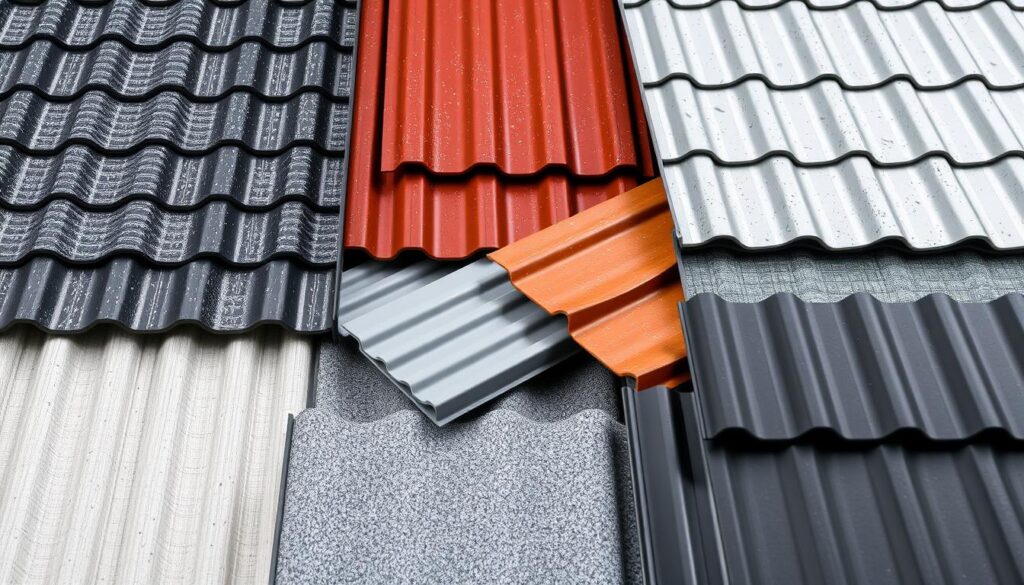 An array of metal roofing materials in various textures and finishes, showcasing a diverse selection of "rodzaj pokrycia" suitable for different building types and architectural styles. The scene is well-lit, with a neutral background that allows the materials to take center stage. The materials are arranged in a visually appealing layout, highlighting their unique properties and highlighting the nuances between them. The image conveys a sense of professionalism and expertise, suitable for illustrating the "Rodzaje blach a przeznaczenie dachu: dopasuj produkt do konstrukcji" section of the article.