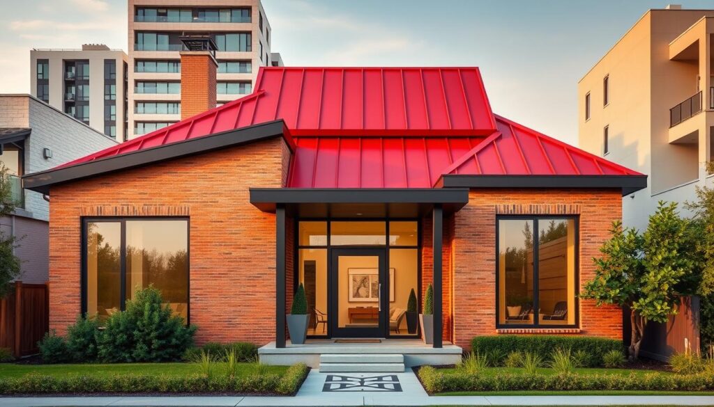 An elegant facade with a vibrant red roof, set against a backdrop of a modern, minimalist cityscape. The warm, earthy tones of the brick or stone exterior contrast beautifully with the crisp, clean lines of the surrounding architecture. Large, energy-efficient windows allow natural light to flood the interior, creating a bright and inviting atmosphere. Sleek, contemporary details, such as metal accents or a geometrically-patterned entryway, lend a sense of sophistication. Lush, well-manicured landscaping softens the edges, complementing the bold, striking roofline. Captured in a warm, golden hour light, the scene exudes a cozy, yet stylish ambiance, perfectly suited for a modern, trend-setting home.