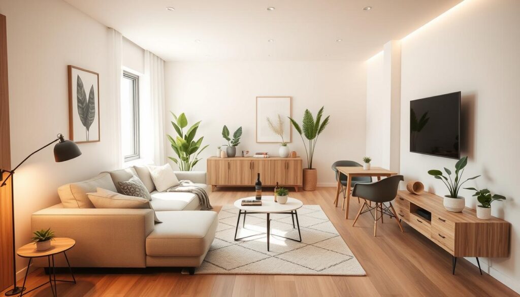 An elegant small living room with a minimalist Scandinavian design. The space features clean lines, natural wood accents, and a comfortable L-shaped sofa in a neutral tone. Soft indirect lighting creates a warm, cozy atmosphere, while a large window floods the room with natural daylight. Strategically placed potted plants and a geometric area rug add pops of greenery and texture. The layout is arranged to maximize the sense of openness and flow, with a focus on functional zoning - a reading nook, a conversation area, and a small dining setup. The overall aesthetic is refined, inviting, and tailored to make the most of the compact dimensions.