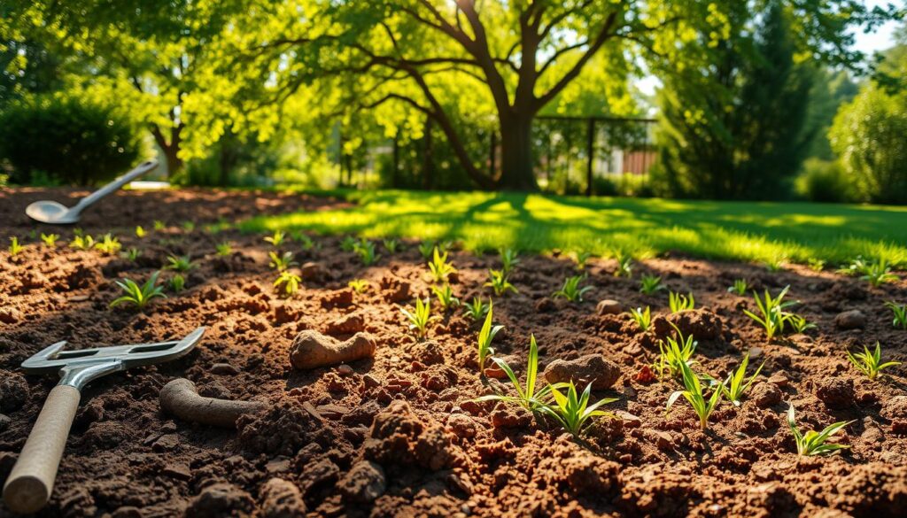 An expansive, sun-dappled garden bed, the soil meticulously tilled and enriched, ready to receive the lush verdure of a freshly laid lawn. In the foreground, gardening tools lie neatly arranged, a testament to the diligent preparation. The middle ground showcases the carefully leveled and compacted soil, its texture inviting the caress of bare feet. In the background, a verdant tree canopy filters the golden rays, casting a gentle, natural illumination over the scene. The overall atmosphere exudes a sense of serene anticipation, as if the garden eagerly awaits the transformation into a carpet of vibrant, healthy grass.