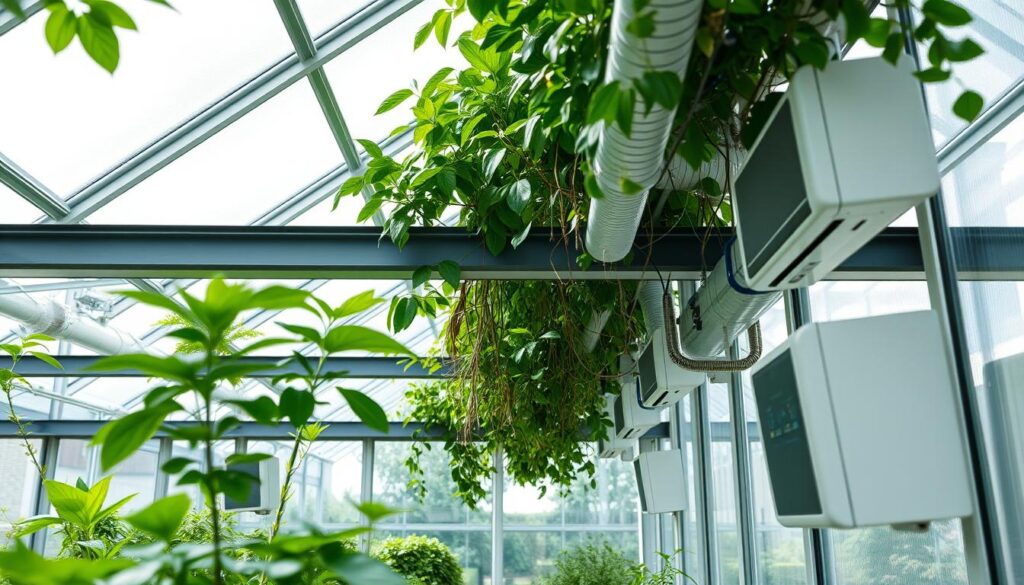 An interior greenhouse with precise climate control equipment. Lush, verdant plants thrive under a diffused natural light filtering through glass panels. A sophisticated array of sensors and vents regulate temperature, humidity, and air circulation, creating an optimal, harmonious microclimate. Sleek, minimalist technology blends seamlessly with the organic surroundings, enabling precise, effortless management of the growing environment year-round. A serene, tranquil scene reflecting the perfect balance of human innovation and nature's abundance.