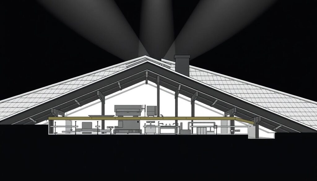Architectural roof slope cross-section in a detailed technical illustration. A complex roof structure with varying pitch angles, showcasing the different components and their dimensional relationships. The scene is rendered in a muted, technical color palette with clean lines and precise engineering-like perspectives. Diffused lighting from multiple angles highlights the structural elements and casts subtle shadows, creating depth and dimensionality. The overall mood is one of professional, authoritative expertise in building construction standards and requirements.