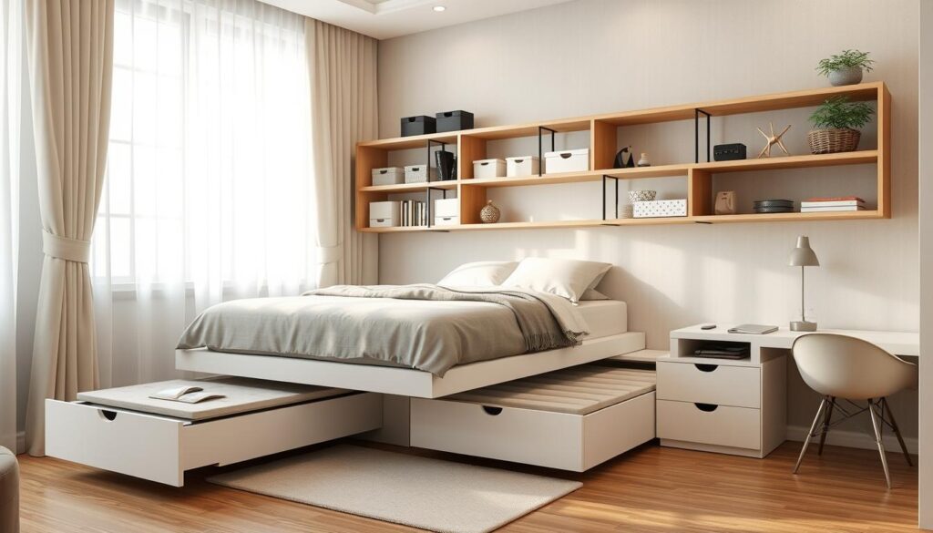 Cozy studio apartment with cleverly designed storage solutions. A minimalist but stylish bedroom setup features a wall-mounted shelving unit filled with various organizational containers and decorative accents. Soft natural lighting filters through sheer curtains, creating a warm and inviting atmosphere. The bed is raised on a platform with built-in drawers, maximizing floor space. Sleek floating nightstands and a compact desk complete the functional yet aesthetically pleasing layout, demonstrating how to make the most of limited square footage through smart, space-saving furniture and storage.