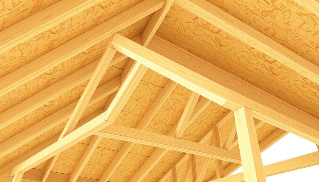 Detailed architectural schematic illustration of a typical roof configuration using OSB panels. Crisp technical rendering in a neutral color palette, with clean lines and precise measurements. Showcases the layered construction, overlapping joints, and precise dimensional relationships between the OSB sheets, roof trusses, and other supporting structures. Lit from above with natural, soft lighting to highlight the textural details of the OSB material. Captured from a slightly elevated, three-quarter angle perspective to provide comprehensive visual information. Conveys a sense of functional simplicity and practical problem-solving.