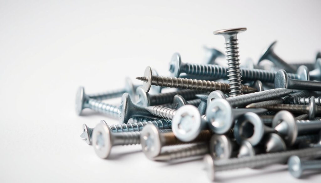 Detailed close-up image of various roofing nails and construction fasteners against a plain background. The nails are arranged in an organized and visually appealing composition, showcasing their varied sizes, shapes, and finishes - including common round-head nails, masonry nails, and specialized roofing nails. The lighting is soft and even, highlighting the metallic textures and reflecting off the smooth surfaces. The depth of field is shallow, keeping the nails in sharp focus while subtly blurring the background. The overall mood is one of professionalism, precision, and attention to construction detail.