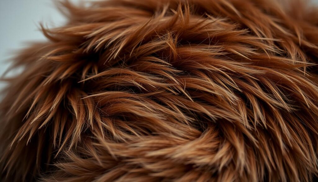 Detailed close-up of a pile of soft, dense fur in various shades of brown, resembling the coat of a European pine marten (Martes martes). The fur is arranged in a natural, organic manner, with individual strands visible and a sense of texture and depth. The lighting is soft and diffused, highlighting the nuances of the fur's color and structure. The background is blurred and neutral, allowing the fur to be the focal point of the image. The overall mood is natural, serene, and representative of the animals' presence in a garden setting.