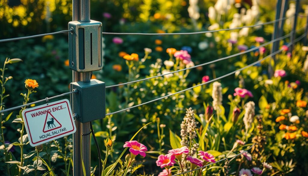 Detailed close-up shot of an electric fence device, commonly known as a "pastuch elektryczny", designed to deter deer from entering a garden. The device is positioned at the edge of a lush, well-maintained garden filled with vibrant plants and flowers. The fence is made of metallic poles and thick wires, with a clear warning sign visible. The lighting is natural, with warm, golden tones illuminating the scene. The angle is slightly low, emphasizing the imposing presence of the fence, conveying a sense of effective protection for the delicate flora. The overall mood is one of security and environmental harmony, where the fence serves as a necessary but unobtrusive measure to coexist with wildlife.