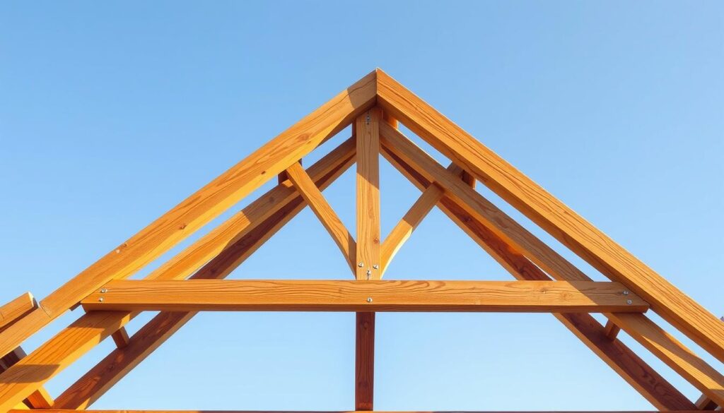 Detailed cross-section of a classic roof truss, showcasing the intricate wooden construction of a two-slope roof. The frame features sturdy diagonal and horizontal beams, meticulously jointed together to form a sturdy and load-bearing structure. The scene is illuminated by warm, natural lighting, casting gentle shadows that accentuate the textural details of the wood grain. The composition emphasizes the engineering prowess and craftsmanship behind this essential architectural element, presented from a technical, blueprint-like perspective to best illustrate its design and function.