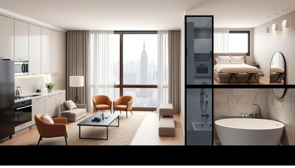 Detailed interior design layouts showcasing well-organized and visually appealing small apartment spaces. A modern kitchen with minimalist cabinetry, integrated appliances, and ample natural light. A cozy living room with a plush sofa, accent chairs, and a sleek coffee table. A serene bedroom with a plush bed, bedside tables, and a large window overlooking the city skyline. A spa-like bathroom with a freestanding tub, glass-enclosed shower, and natural stone finishes. Each room is harmoniously designed to maximize functionality and aesthetic appeal within the limited square footage. Soft, neutral color palettes and clean lines create a sense of openness and tranquility throughout the residence.