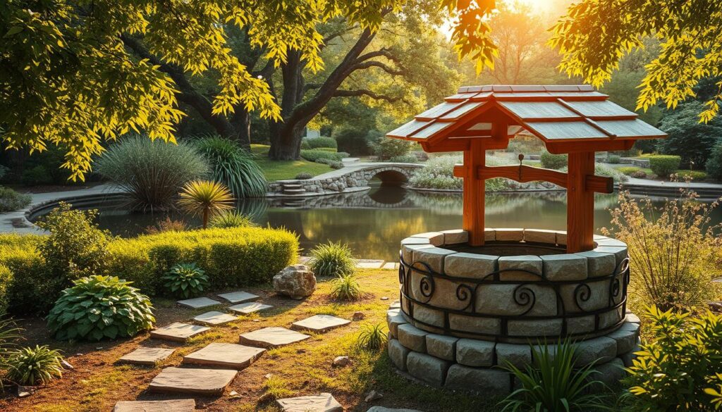 Detailed landscape of a well-designed garden well. In the foreground, a rustic stone well with a wooden frame and intricate metalwork details. The well is surrounded by lush, verdant foliage and carefully placed stepping stones leading to it. In the middle ground, a tranquil pond reflects the scene, with a small bridge crossing over it. The background features a mix of mature trees, creating a serene and natural atmosphere. Warm, golden sunlight filters through the leaves, casting soft shadows and highlighting the textures of the materials. The composition emphasizes the harmonious integration of the well into the overall garden design, creating a visually appealing and functional focal point.