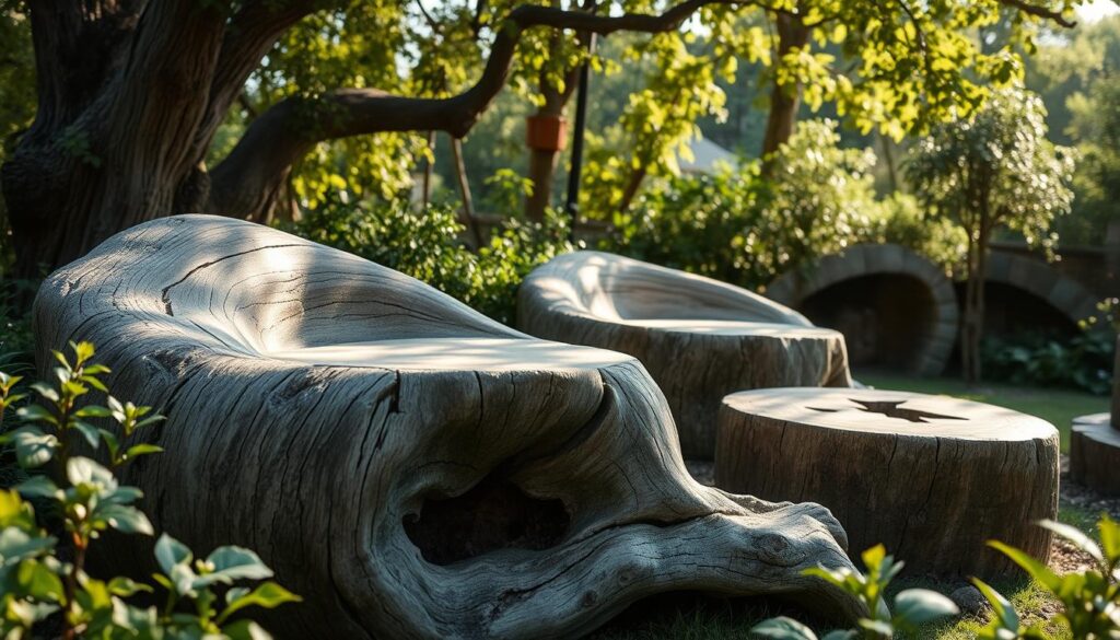 Elegant garden seating crafted from a weathered tree trunk, its natural form showcasing the beauty of organic materials. Smooth, ergonomic seats carved from the wood's sturdy surface, inviting visitors to relax amidst lush foliage. Rustic yet refined, the pieces blend seamlessly with the surrounding landscape, creating a serene, nature-inspired ambiance. Dappled sunlight filters through the canopy, casting a warm, golden glow on the textured surfaces. Thoughtfully designed to harmonize with the garden's aesthetic, these handcrafted furniture pieces embody the essence of sustainable, eco-friendly design.