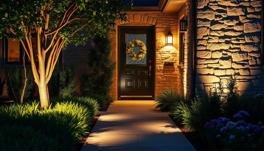 Elegant outdoor garden lighting at the entrance of a cozy home. A warm, inviting glow illuminates the pathway, accentuating the lush greenery and well-manicured flower beds. Strategically placed low-profile fixtures cast a soft, ambient light, creating a welcoming atmosphere. The lighting design seamlessly blends with the architectural style, guiding visitors towards the front door. Shadows dance across the stone facade, adding depth and dimension to the scene. An ornamental wreath or planter near the entrance completes the picturesque composition, radiating a sense of comfort and sophistication.