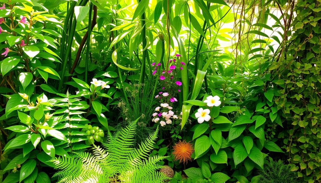 Lush, verdant plants for a small garden, cascading foliage and vibrant blooms in a harmonious arrangement. A variety of textures, shapes, and colors - leafy ferns, delicate flowers, and trailing vines. Dappled sunlight filters through the canopy, casting a warm, inviting glow. The composition creates a sense of depth and dimension, drawing the eye inward. Thoughtfully placed to maximize the visual impact in a limited space, the plants appear to dance together in a graceful, natural symphony. A soothing, serene atmosphere that evokes a tranquil, intimate garden oasis.