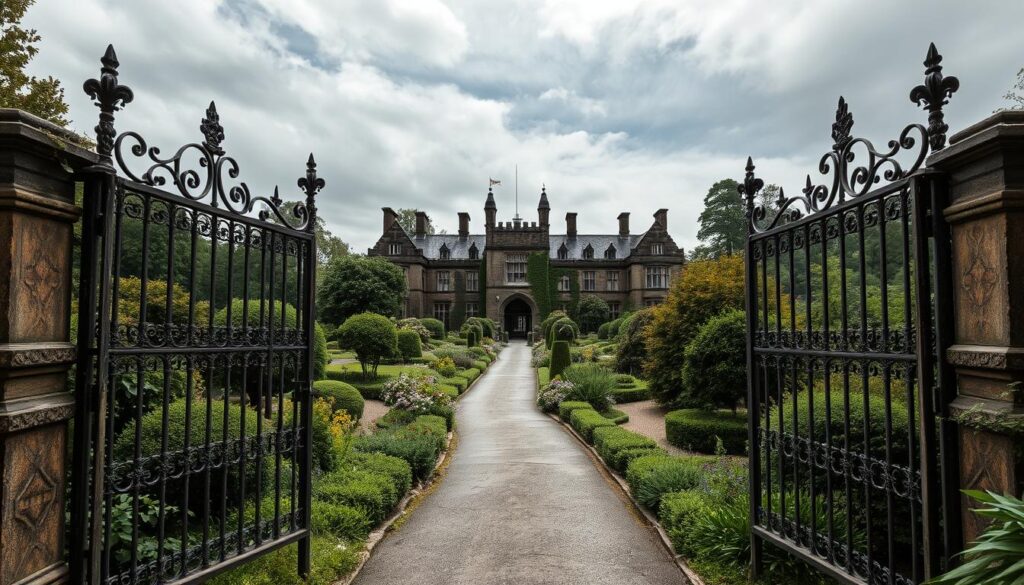 Misselthwaite Manor, a sprawling gothic manor nestled amidst lush, overgrown gardens. The foreground showcases a magnificent wrought-iron gate, its intricate design and weathered patina hinting at the estate's storied past. Beyond the gate, a winding path leads through a labyrinth of flourishing shrubbery, towering trees, and blooming flowers that seem to have reclaimed the once-tamed landscape. The middle ground reveals a glimpse of the manor's grand facade, its imposing stone walls and turrets casting long shadows across the verdant landscape. In the background, a moody sky filled with wispy clouds adds a sense of mystery and melancholy, perfectly capturing the essence of this forgotten, yet enchanting corner of the world. Misselthwaite Manor, a sprawling gothic manor nestled amidst lush, overgrown gardens. The foreground showcases a magnificent wrought-iron gate, its intricate design and weathered patina hinting at the estate's storied past. Beyond the gate, a winding path leads through a labyrinth of flourishing shrubbery, towering trees, and blooming flowers that seem to have reclaimed the once-tamed landscape. The middle ground reveals a glimpse of the manor's grand facade, its imposing stone walls and turrets casting long shadows across the verdant landscape. In the background, a moody sky filled with wispy clouds adds a sense of mystery and melancholy, perfectly capturing the essence of this forgotten, yet enchanting corner of the world.