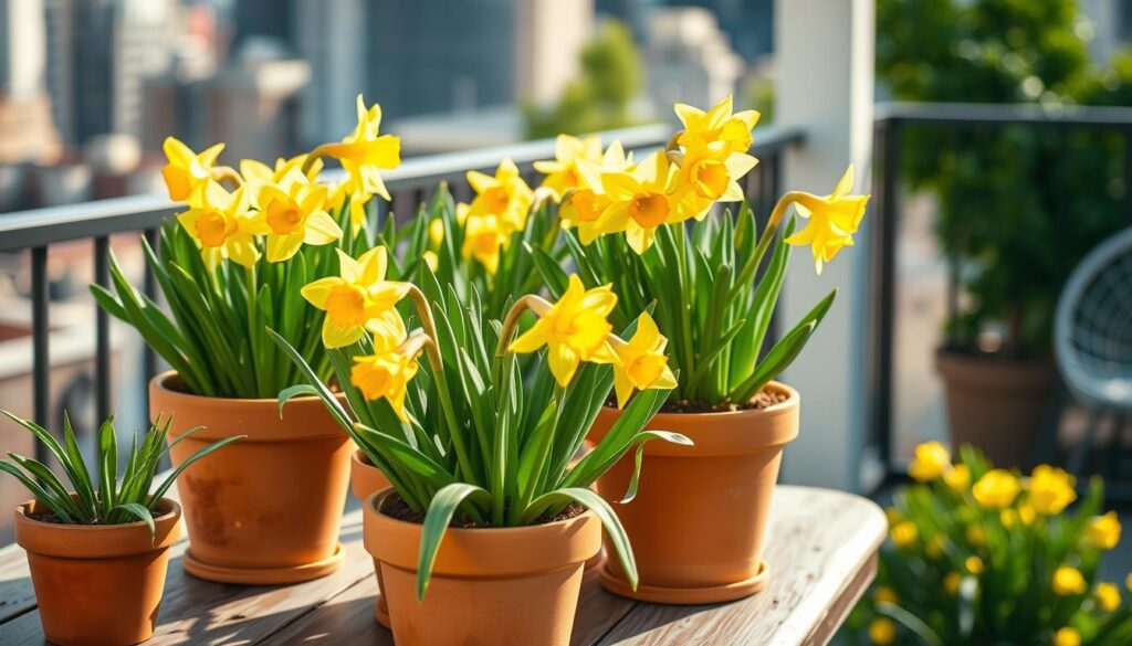 Planting daffodils in terracotta planters, their bright yellow petals and verdant foliage bathed in soft, natural light. The pots are arranged artfully on a rustic wooden table, evoking a cozy, inviting balcony or patio scene. In the background, a blurred cityscape or lush greenery hints at an urban oasis. The overall composition is harmonious, showcasing the delicate beauty of these springtime flowers in a harmonious, intimate setting.