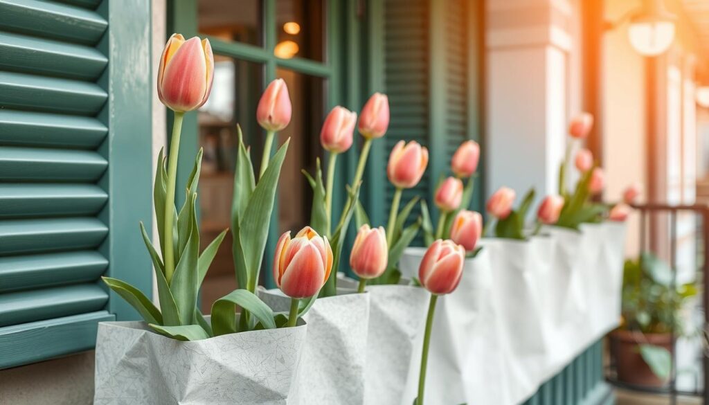 Tulipany w doniczkach na tarasie lub balkonie, z różnorodnymi odmianami w ciepłej, wiosennej palecie kolorów. Kwiaty wznoszą się nad zieloną, wilgotną glebą w połyskujących, ceramicznych donicach. Światło słoneczne delikatnie oświetla kwiaty, wydobywając ich żywe barwy. W tle widoczne są elementy architektury tarasu lub balkonu, tworząc przytulną, miejską atmosferę. Całość kompozycji emanuje radosnym nastrojem wczesnej wiosny i zachęca do uprawy pięknych tulipanów w przytulnym, domowym zaciszu.